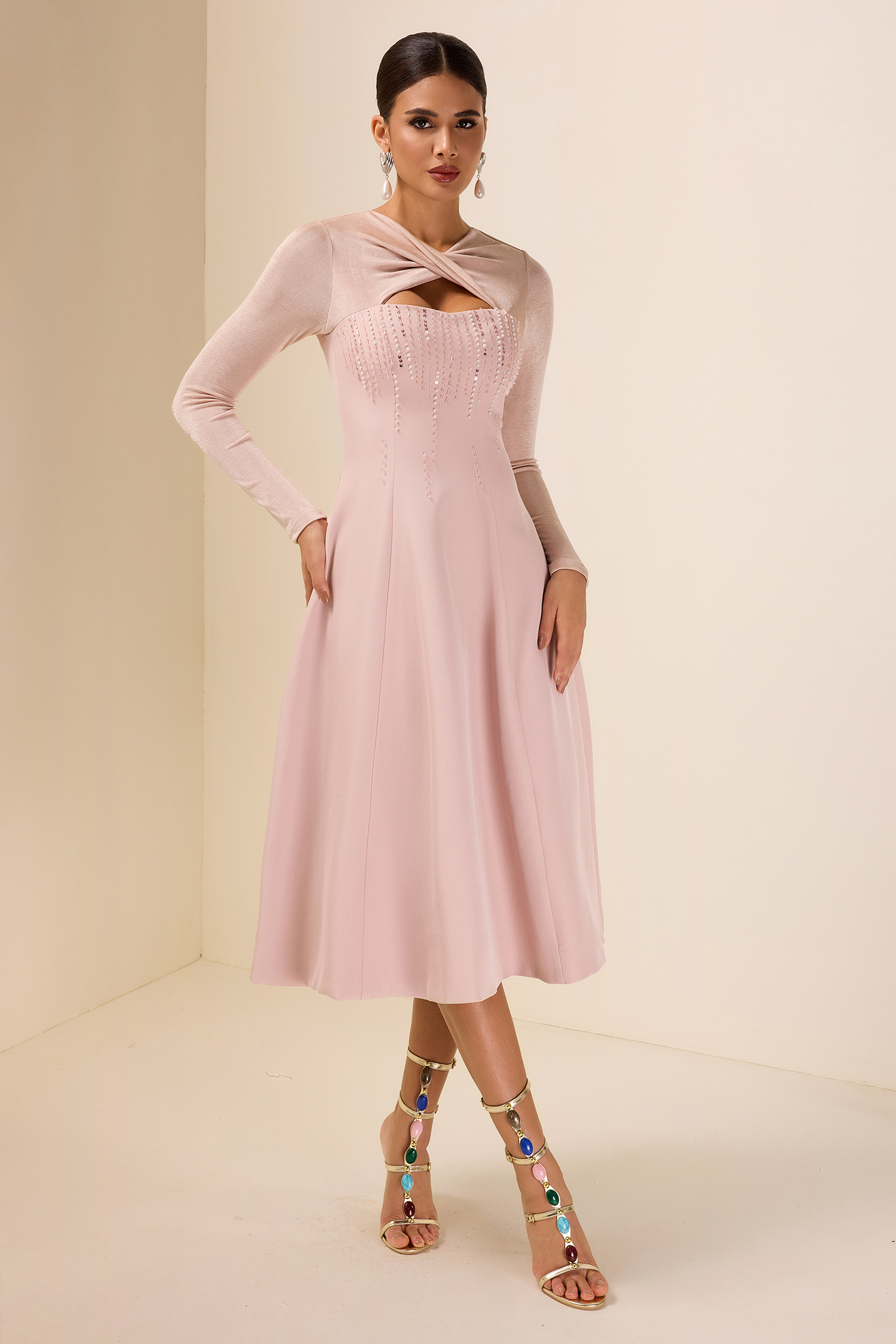 Rhinestone Knotted Long Sleeve Midi Dress