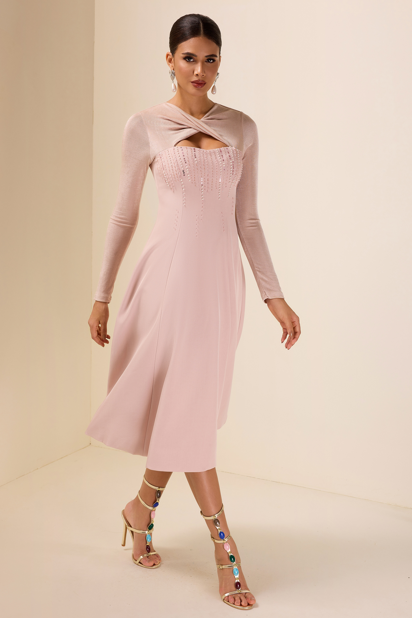 Rhinestone Knotted Long Sleeve Midi Dress