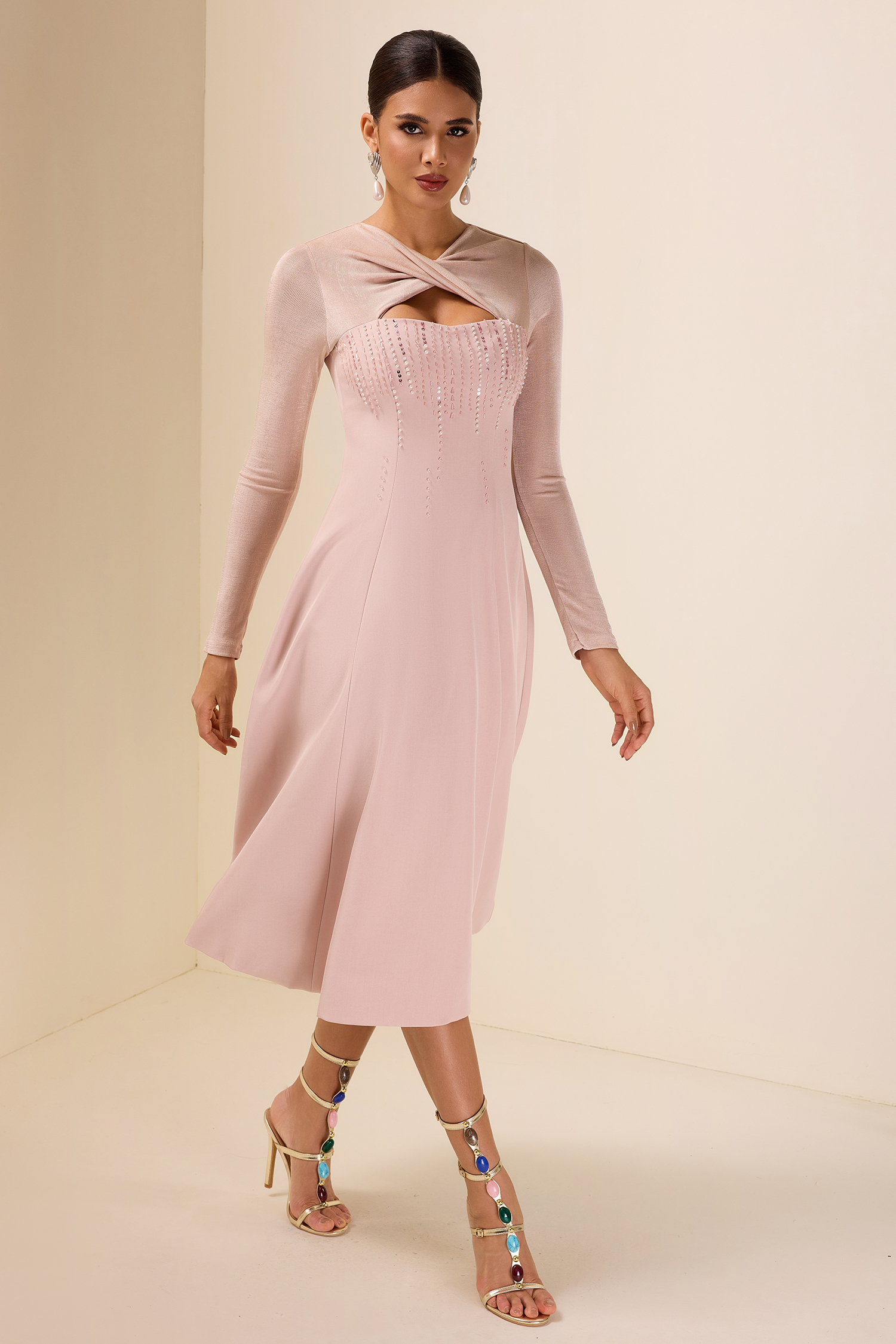 Rhinestone Knotted Long Sleeve Midi Dress
