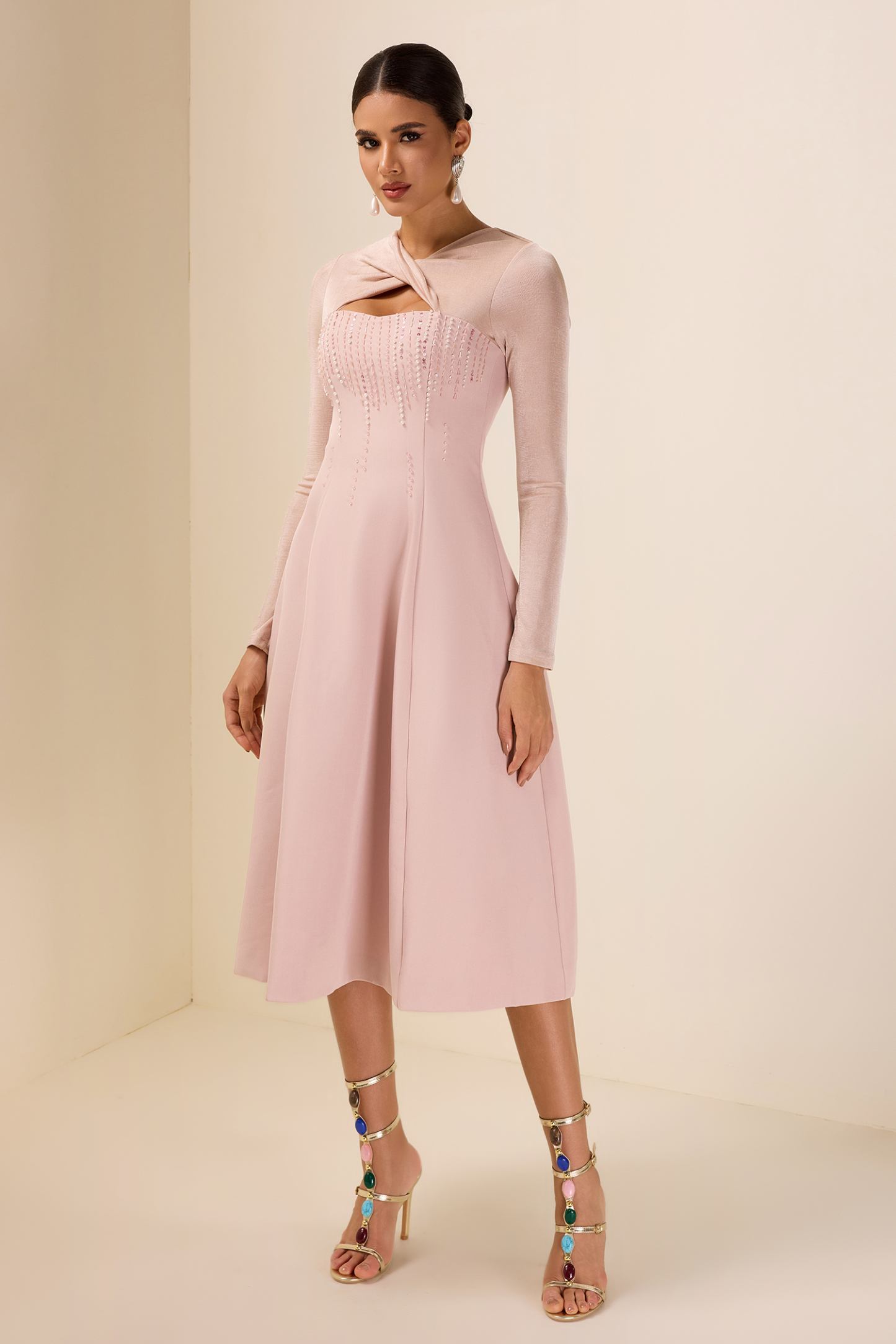 Rhinestone Knotted Long Sleeve Midi Dress