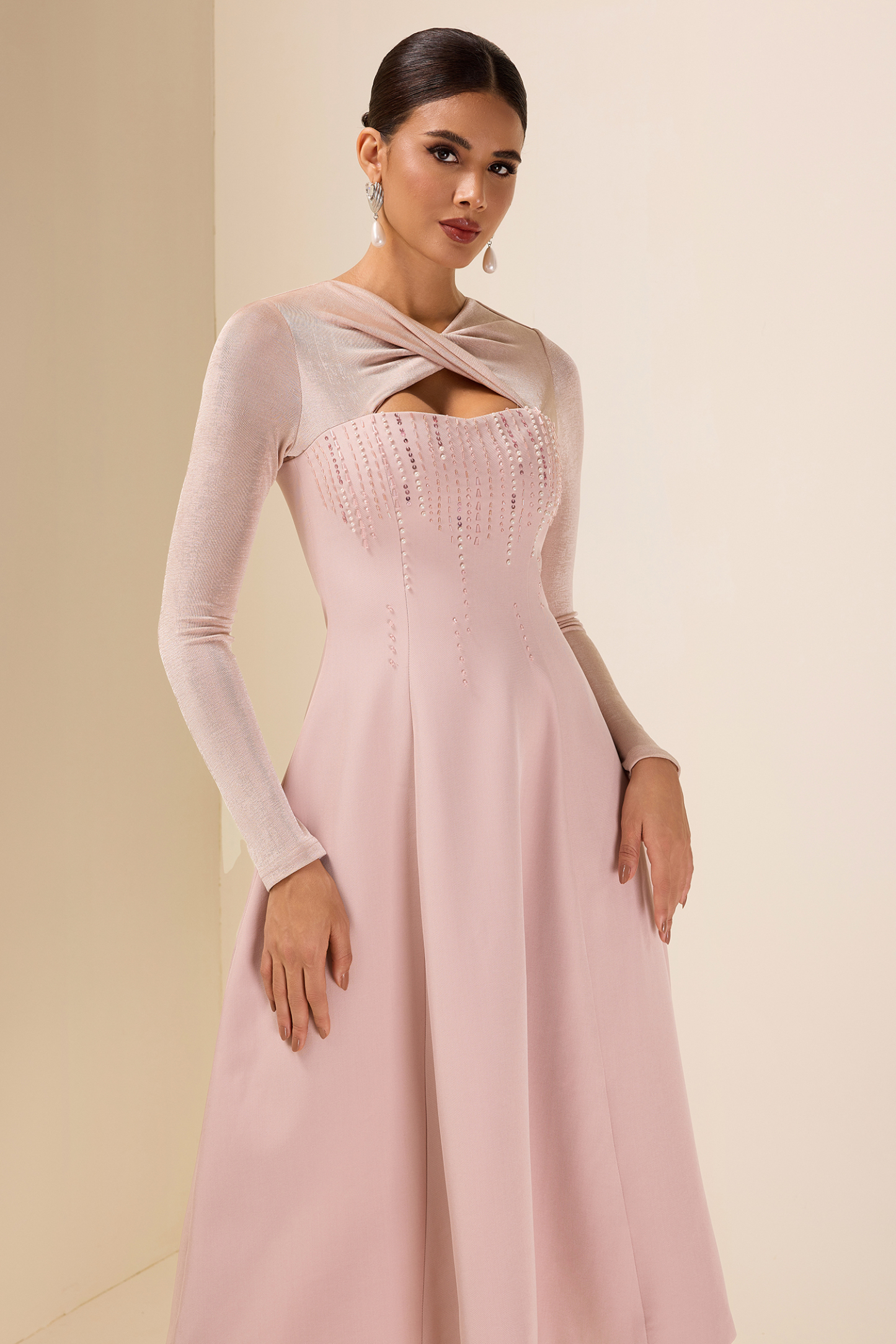 Rhinestone Knotted Long Sleeve Midi Dress