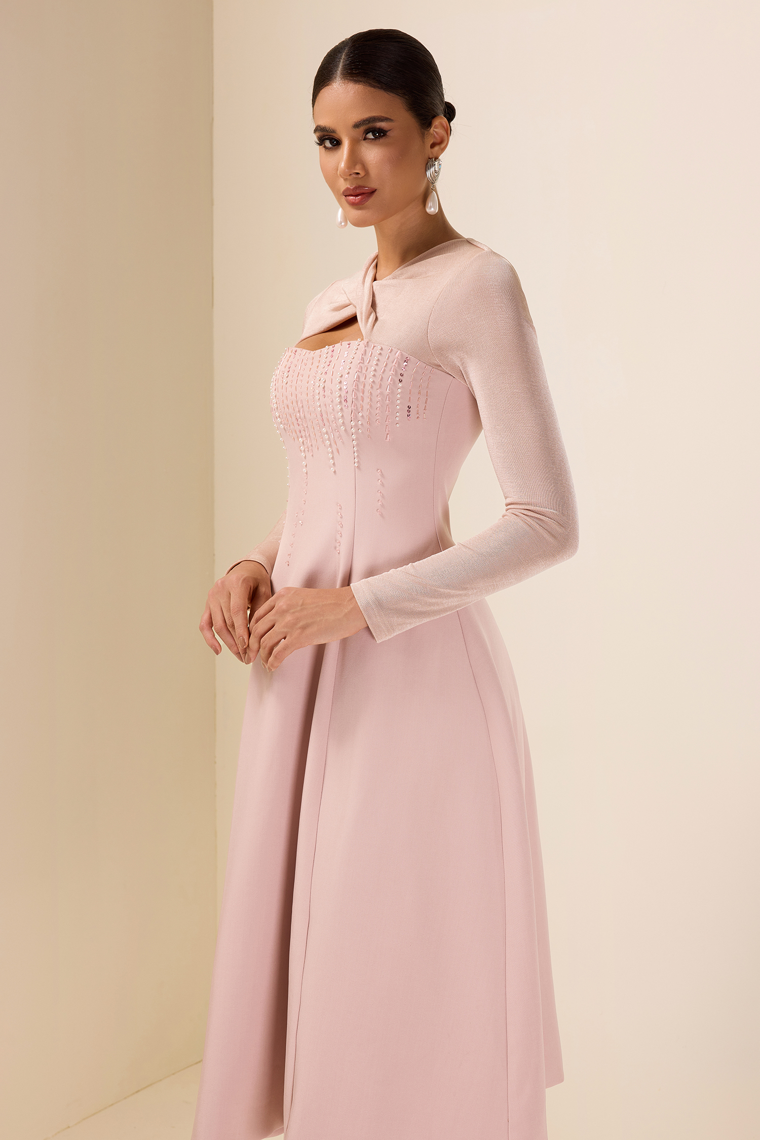 Rhinestone Knotted Long Sleeve Midi Dress