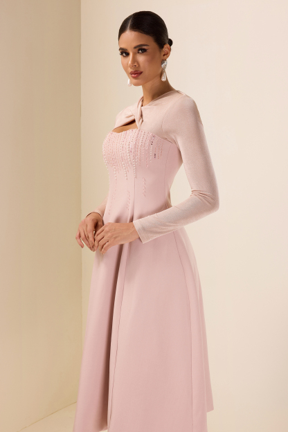 Rhinestone Knotted Long Sleeve Midi Dress