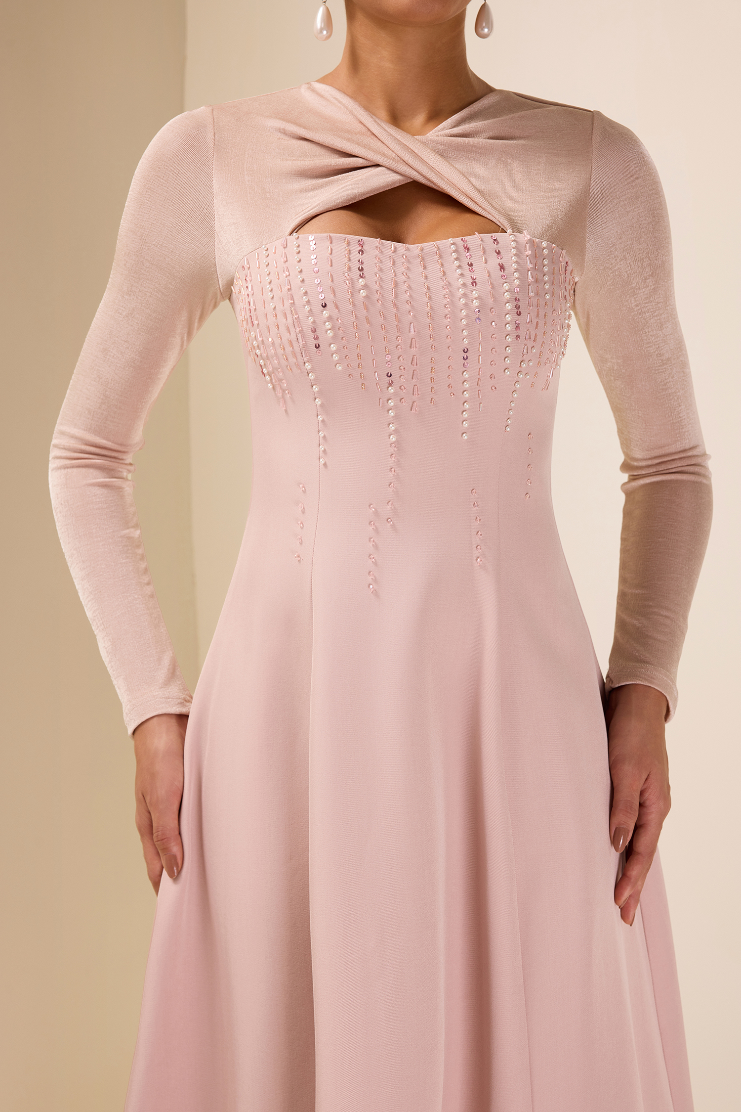 Rhinestone Knotted Long Sleeve Midi Dress