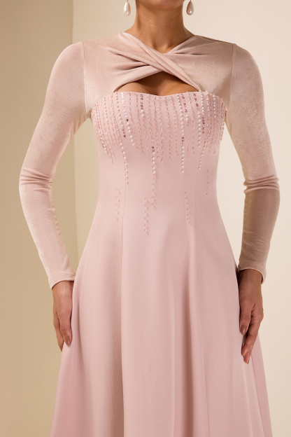 Rhinestone Knotted Long Sleeve Midi Dress