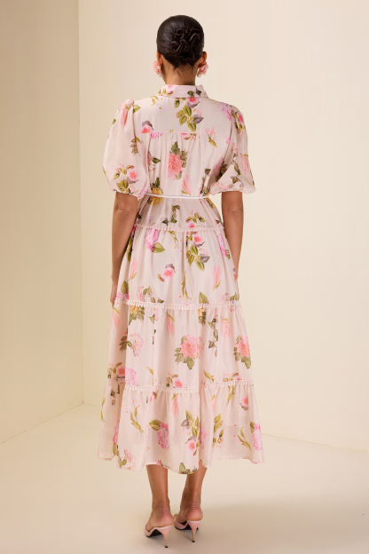 Single Breasted Lace Floral Midi Dress