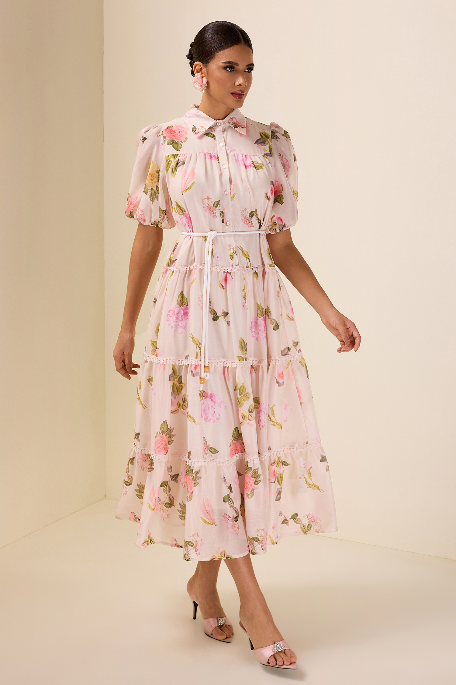 Single Breasted Lace Floral Midi Dress