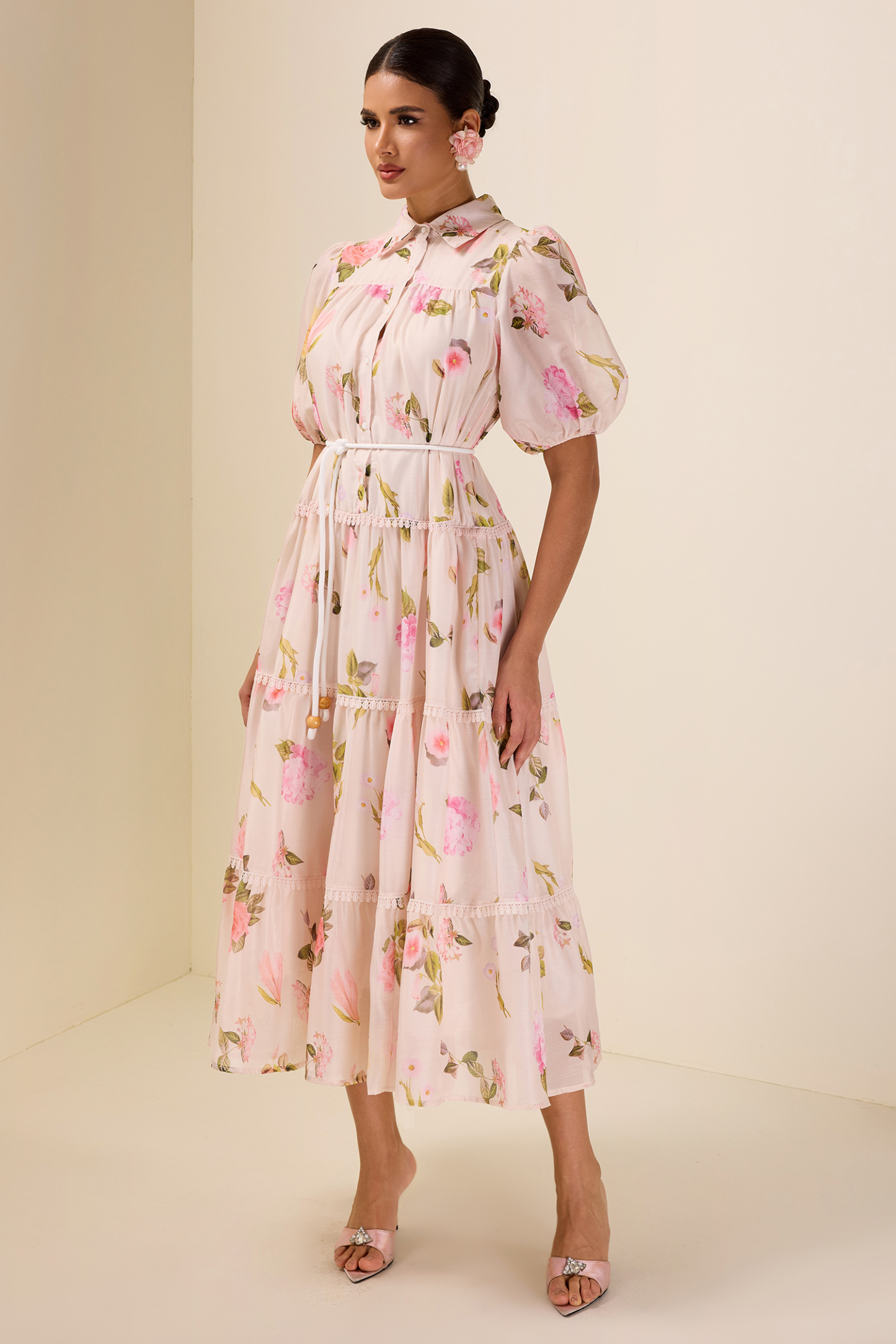 Single Breasted Lace Floral Midi Dress