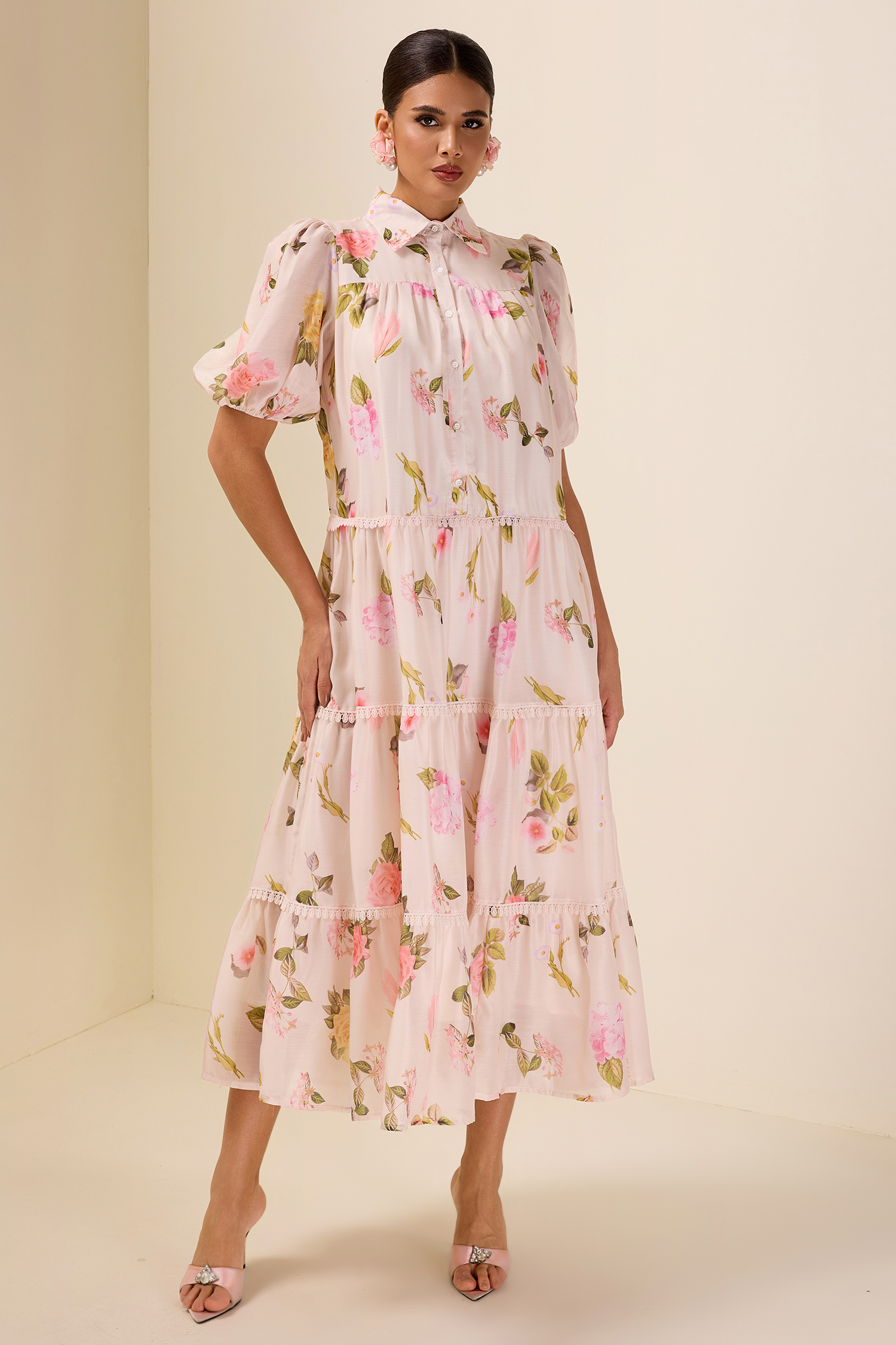 Single Breasted Lace Floral Midi Dress