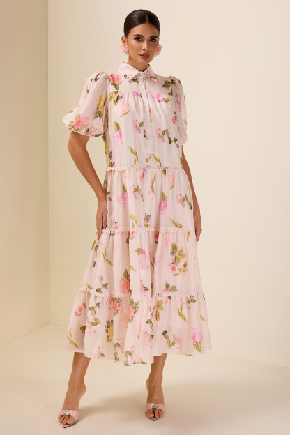 Single Breasted Lace Floral Midi Dress