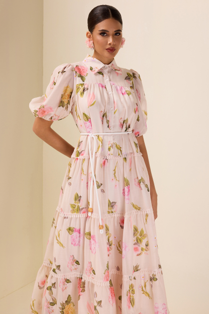 Single Breasted Lace Floral Midi Dress