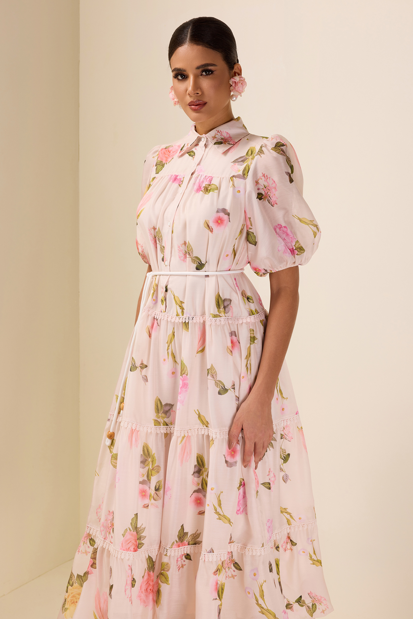 Single Breasted Lace Floral Midi Dress