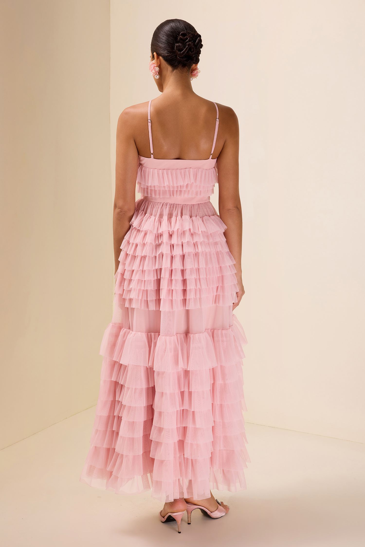 3D Flower Chiffon Tiered Midi Dress