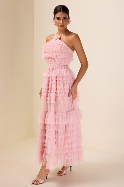 3D Flower Chiffon Tiered Midi Dress