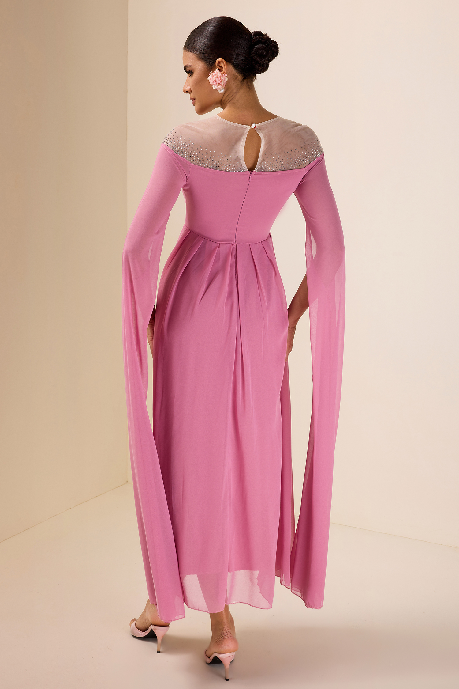 Chiffon Rhinestone Cape Sleeve Midi Dress