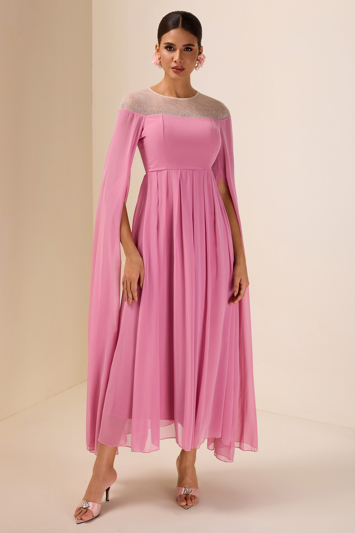 Chiffon Rhinestone Cape Sleeve Midi Dress