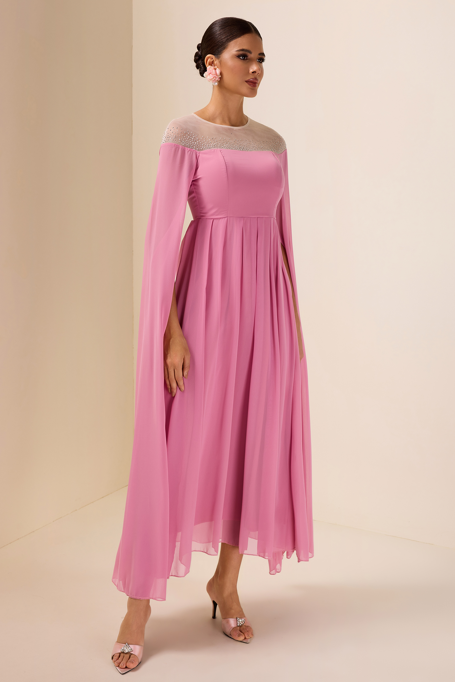 Chiffon Rhinestone Cape Sleeve Midi Dress