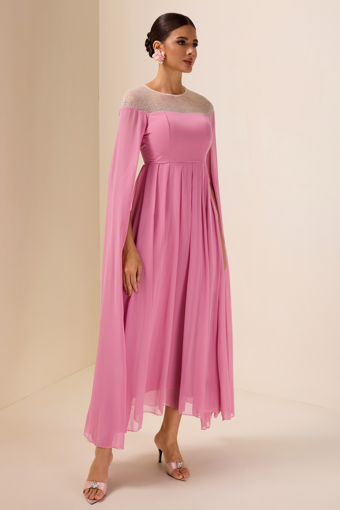 Chiffon Rhinestone Cape Sleeve Midi Dress