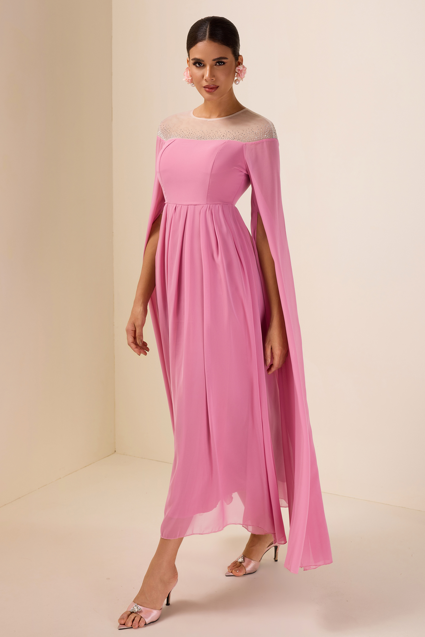 Chiffon Rhinestone Cape Sleeve Midi Dress