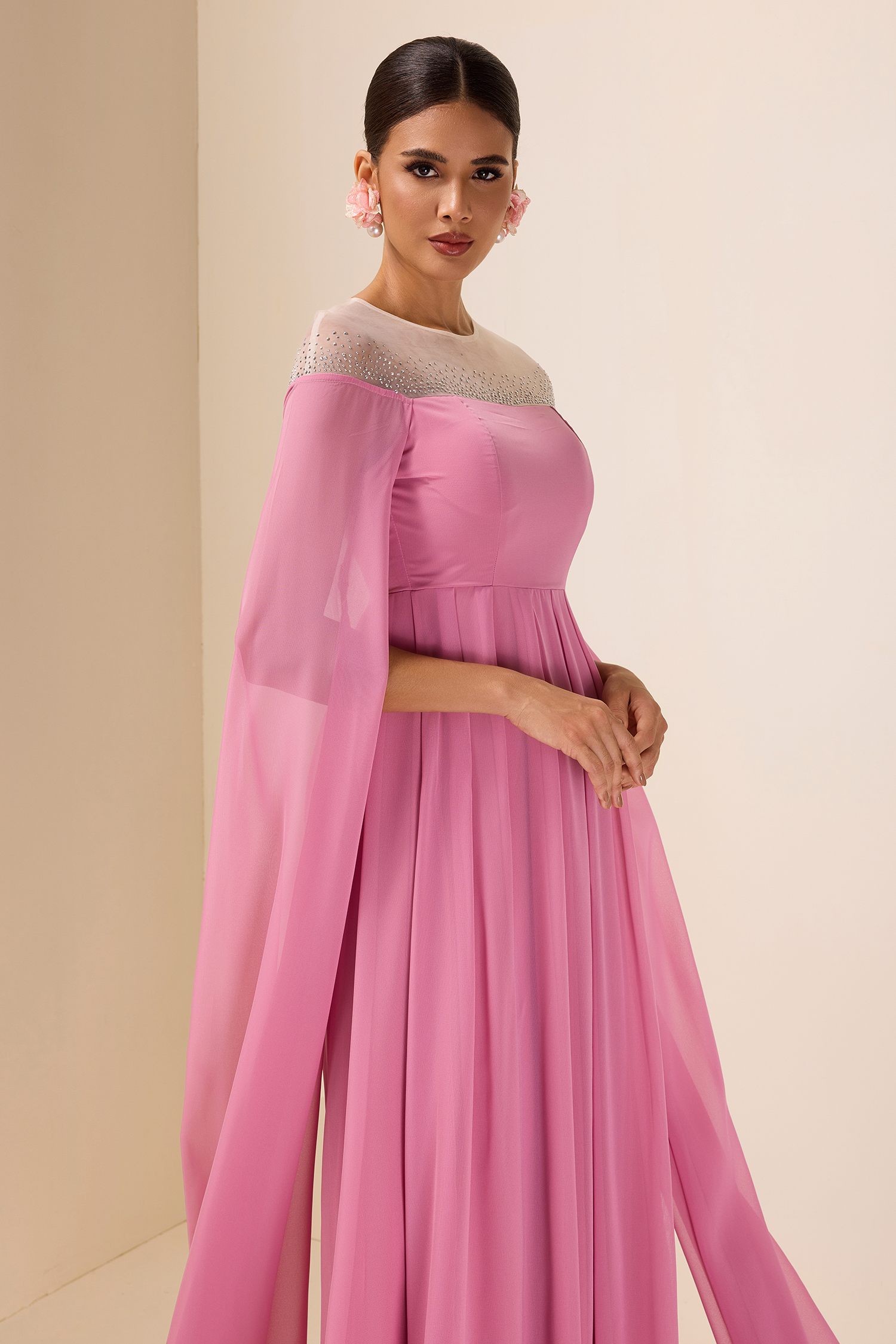 Chiffon Rhinestone Cape Sleeve Midi Dress