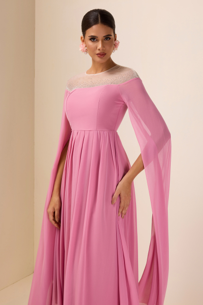 Chiffon Rhinestone Cape Sleeve Midi Dress