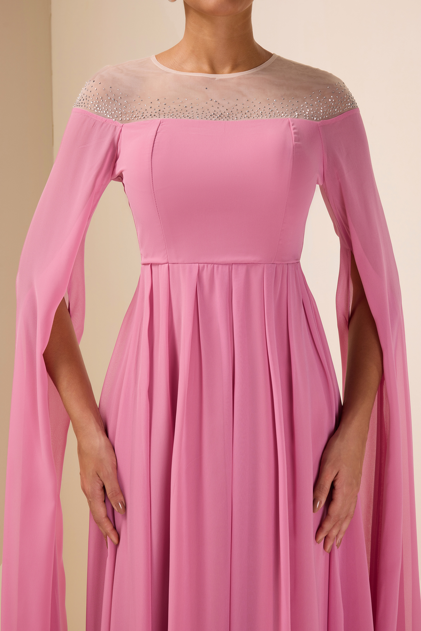 Chiffon Rhinestone Cape Sleeve Midi Dress