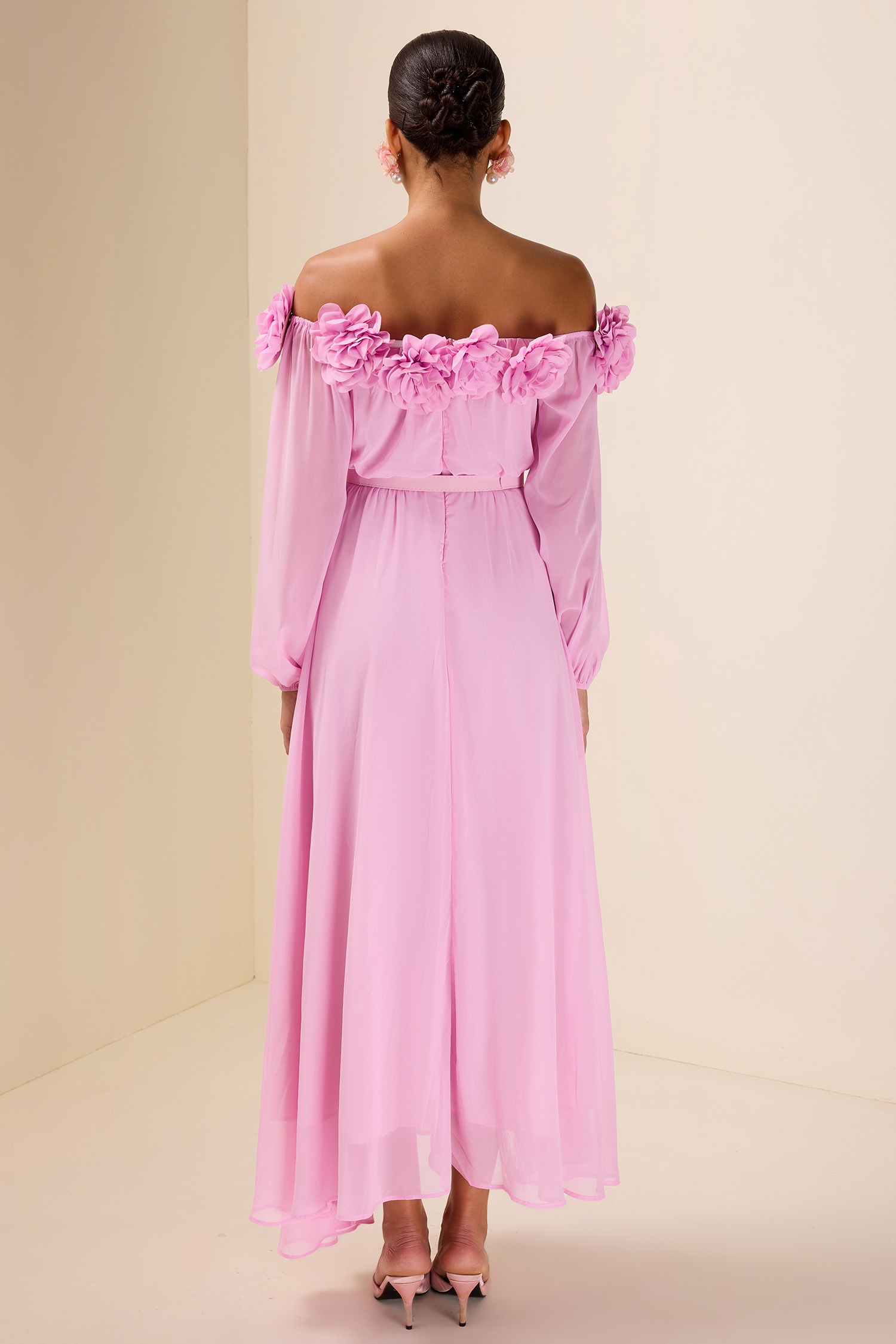 3D Flower Off Shoulder Midi Dress With Belt