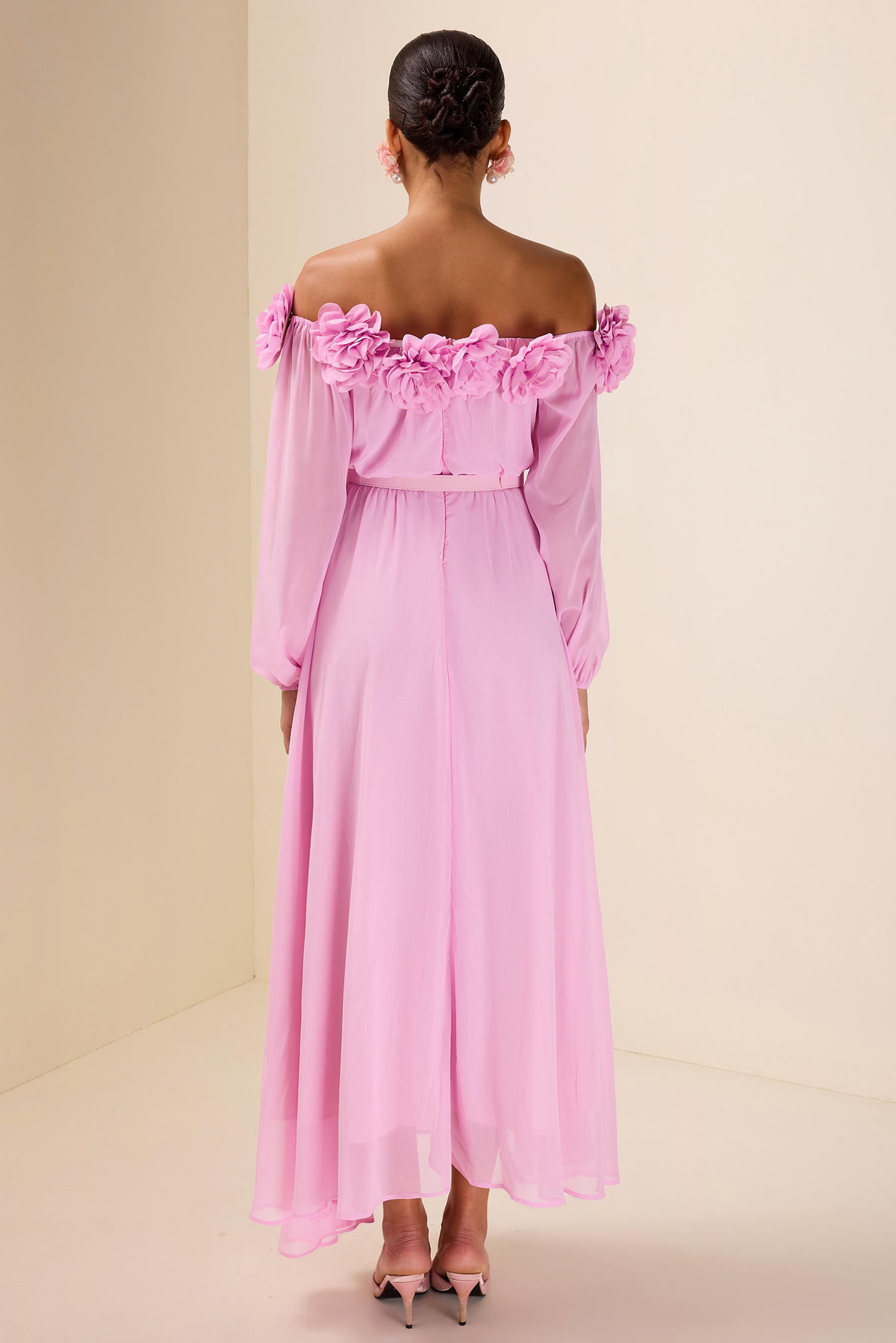 3D Flower Off Shoulder Midi Dress With Belt
