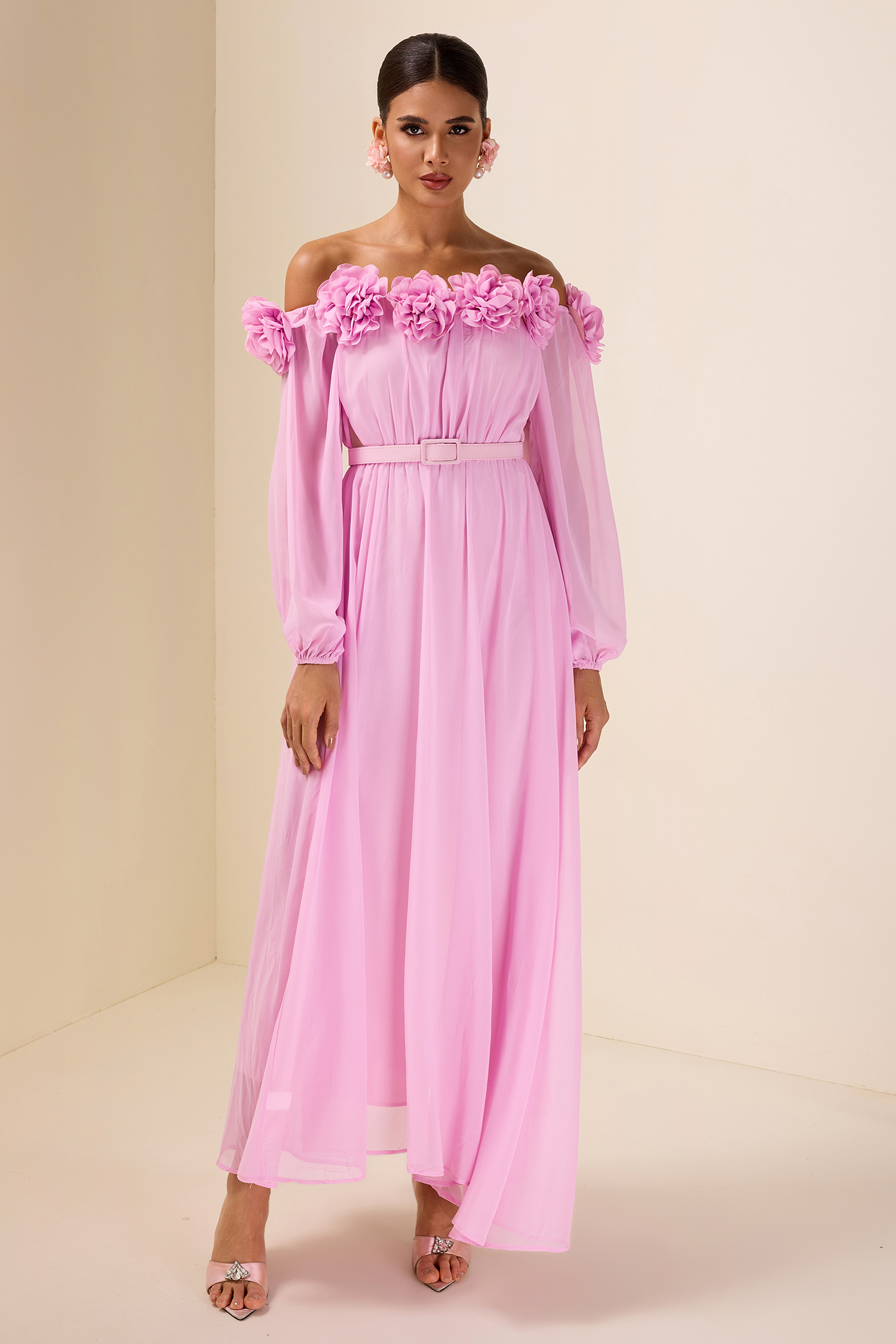 3D Flower Off Shoulder Midi Dress With Belt