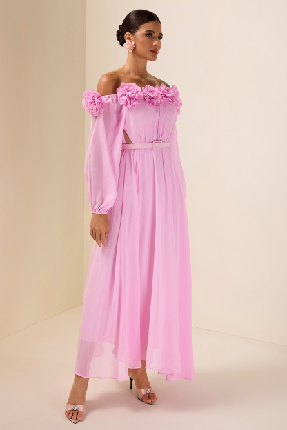 3D Flower Off Shoulder Midi Dress With Belt