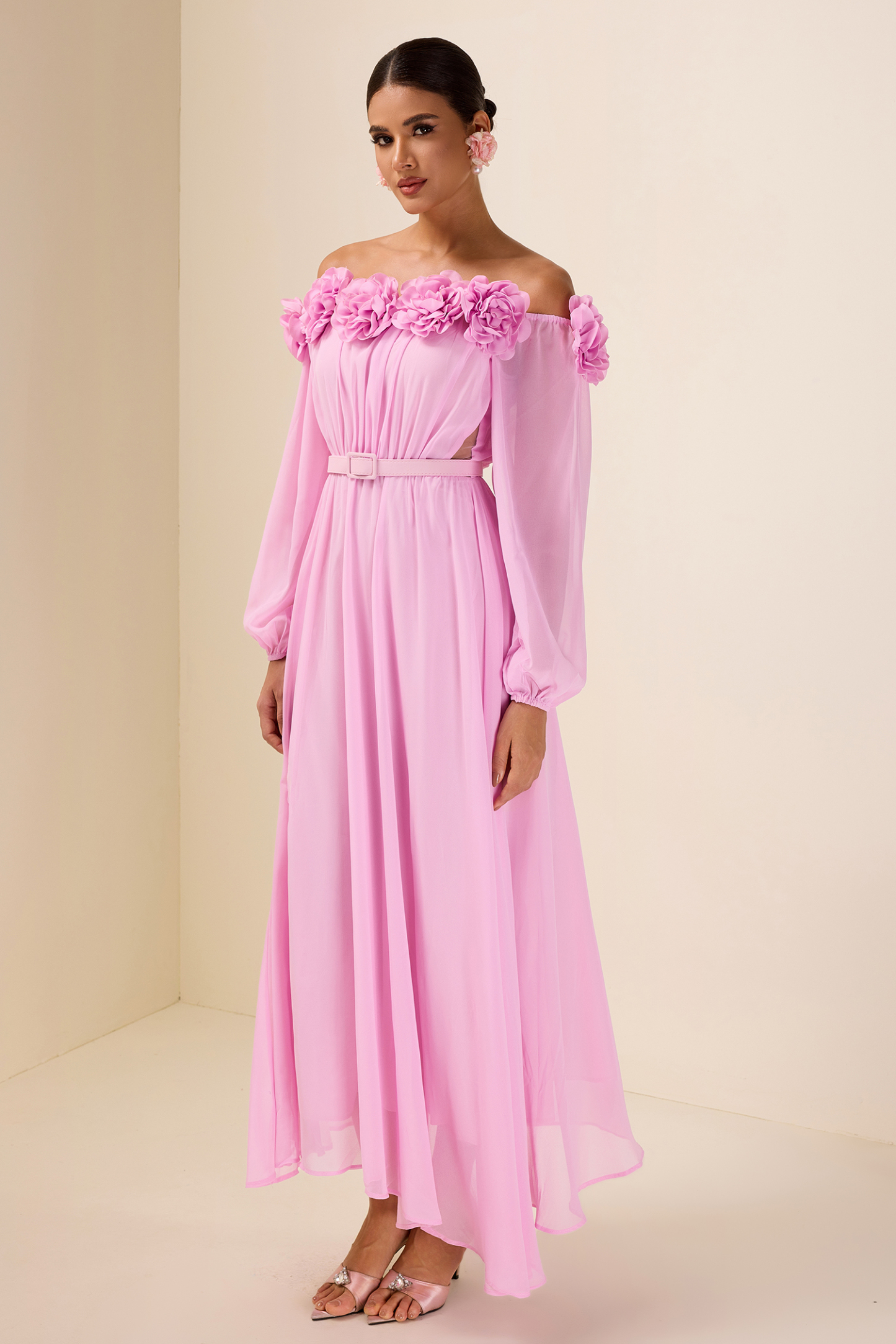 3D Flower Off Shoulder Midi Dress With Belt