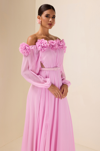 3D Flower Off Shoulder Midi Dress With Belt