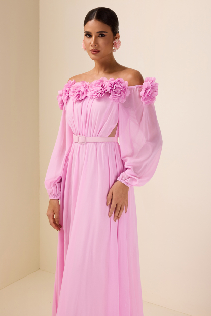 3D Flower Off Shoulder Midi Dress With Belt