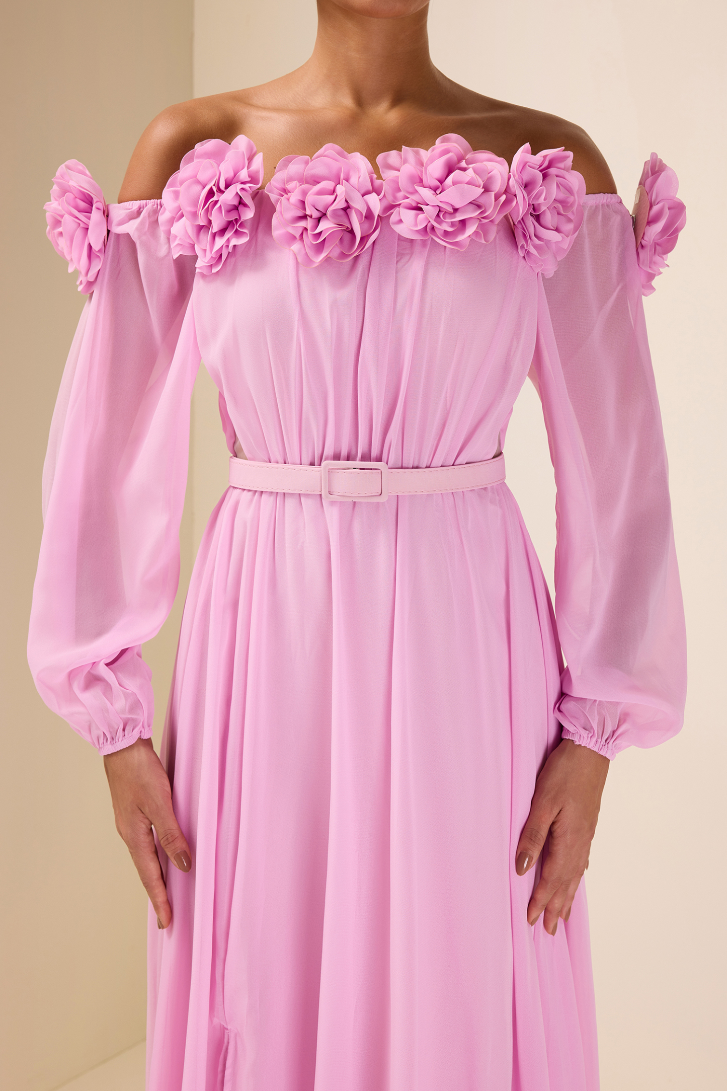 3D Flower Off Shoulder Midi Dress With Belt