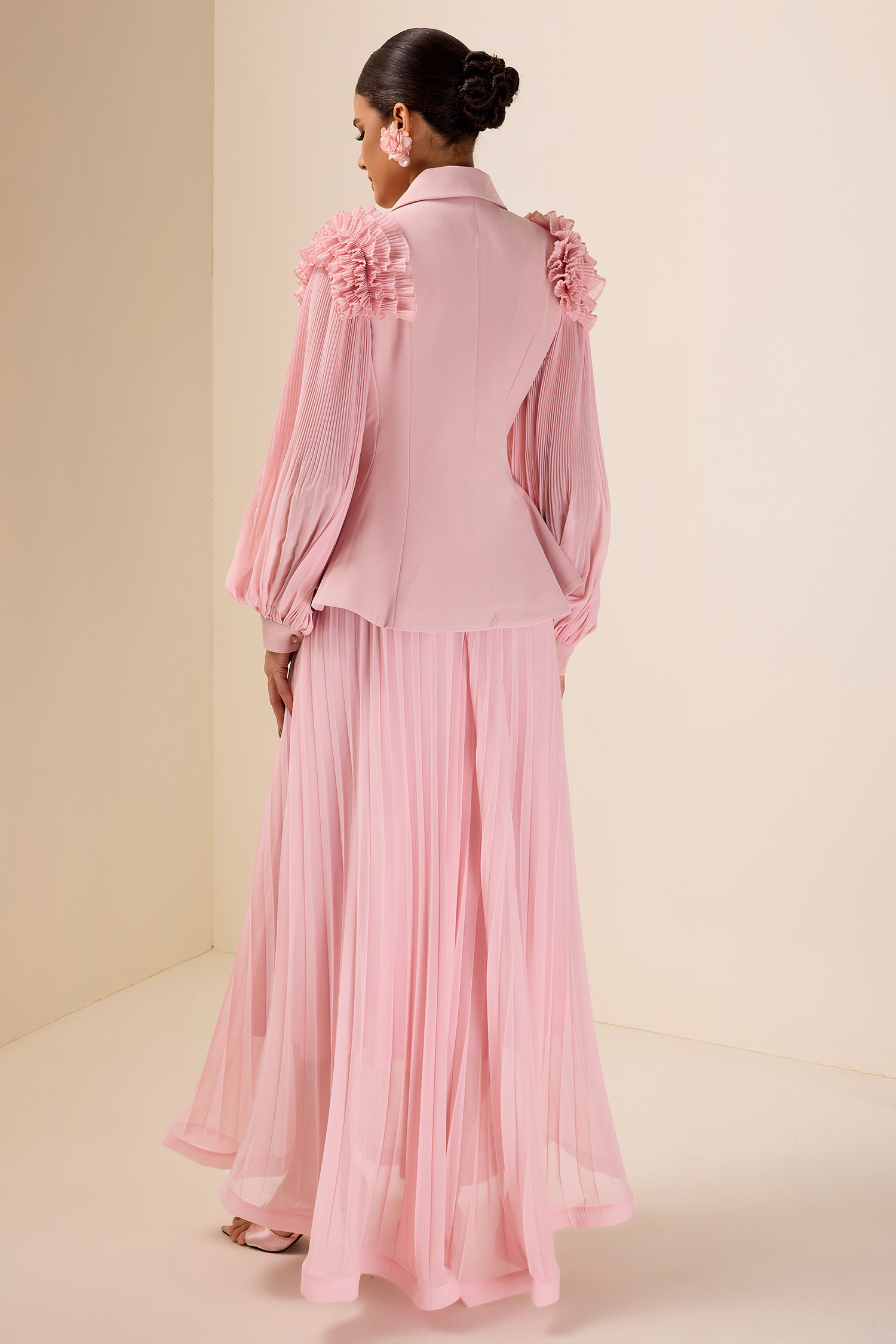 Frill Tailored Collar Pleated  Top & High Waist Skirt Set