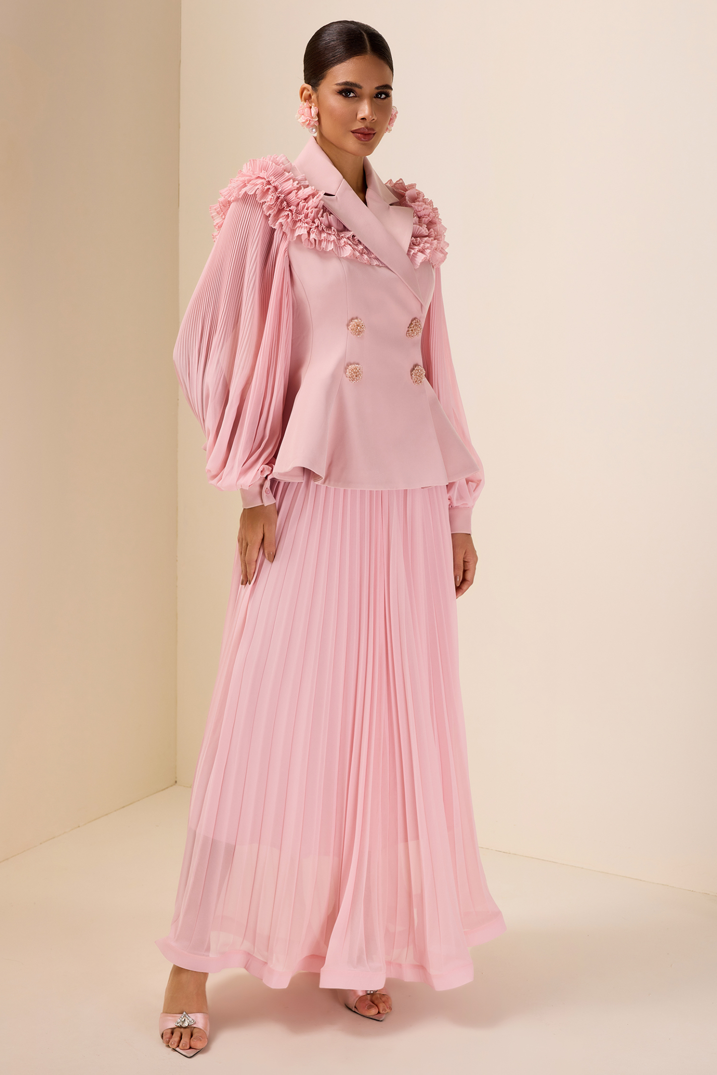 Frill Tailored Collar Pleated  Top & High Waist Skirt Set