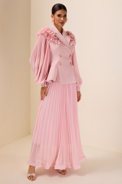 Frill Tailored Collar Pleated  Top & High Waist Skirt Set