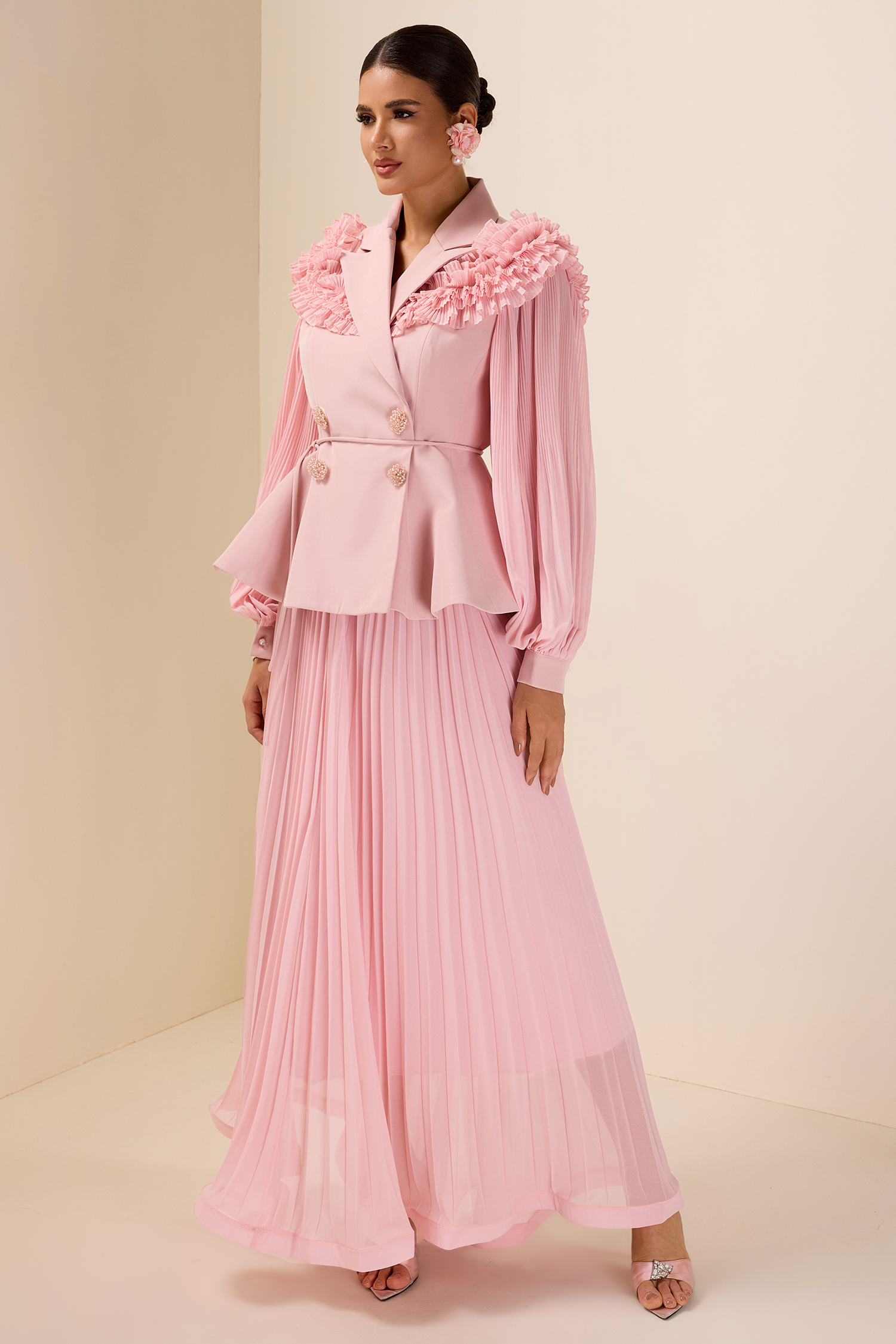 Frill Tailored Collar Pleated  Top & High Waist Skirt Set