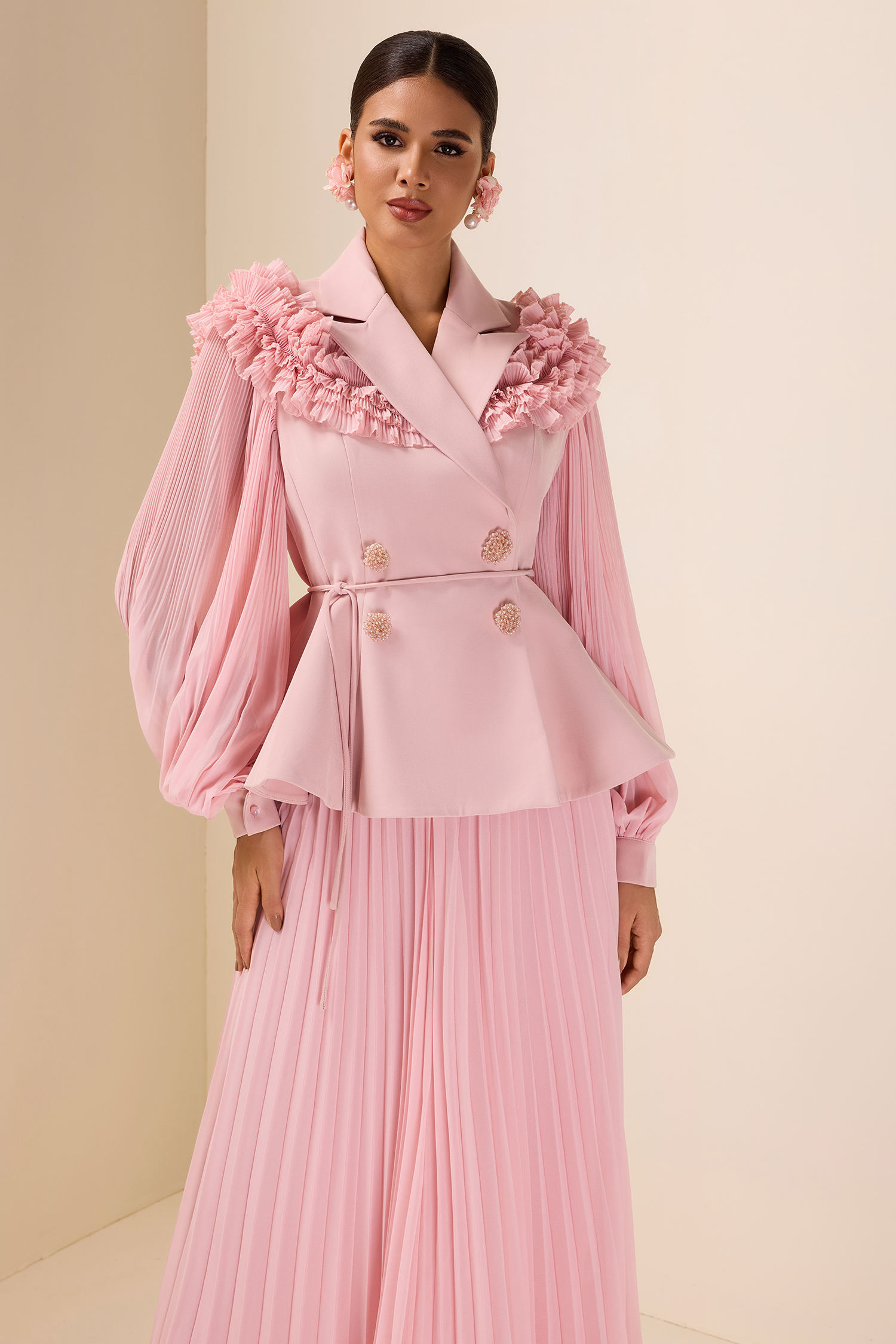 Frill Tailored Collar Pleated  Top & High Waist Skirt Set