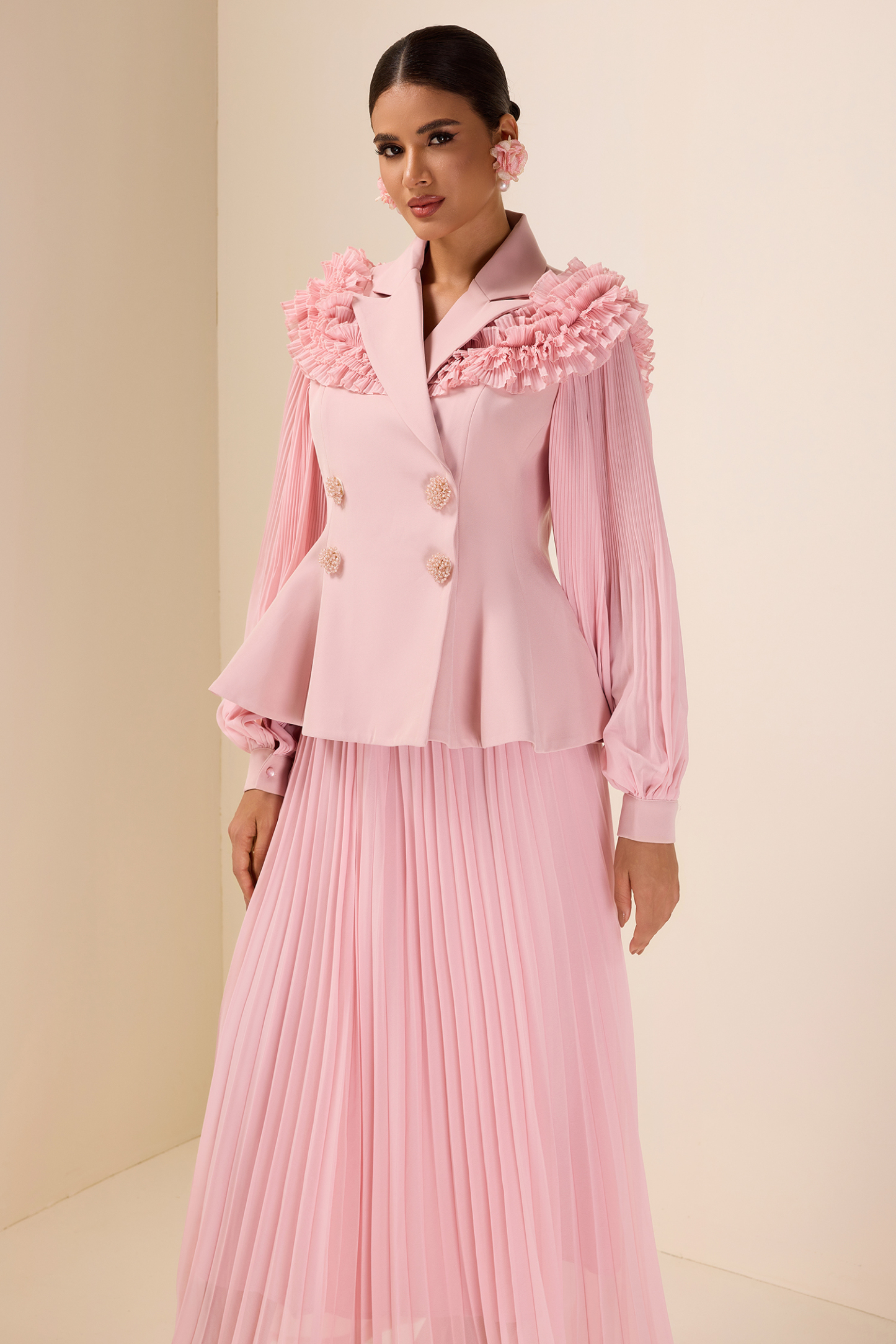 Frill Tailored Collar Pleated  Top & High Waist Skirt Set