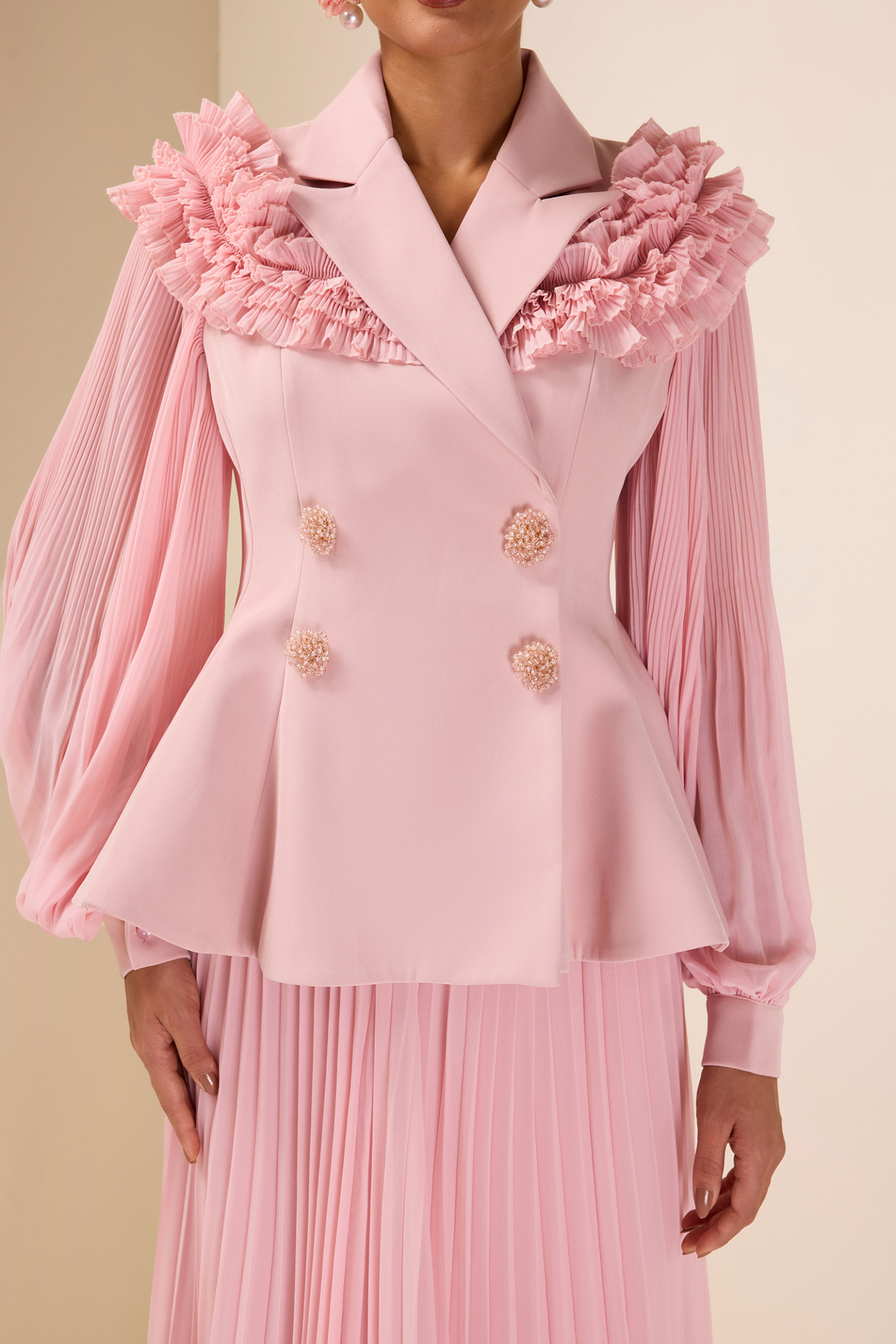 Frill Tailored Collar Pleated  Top & High Waist Skirt Set