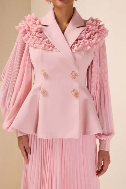 Frill Tailored Collar Pleated  Top & High Waist Skirt Set