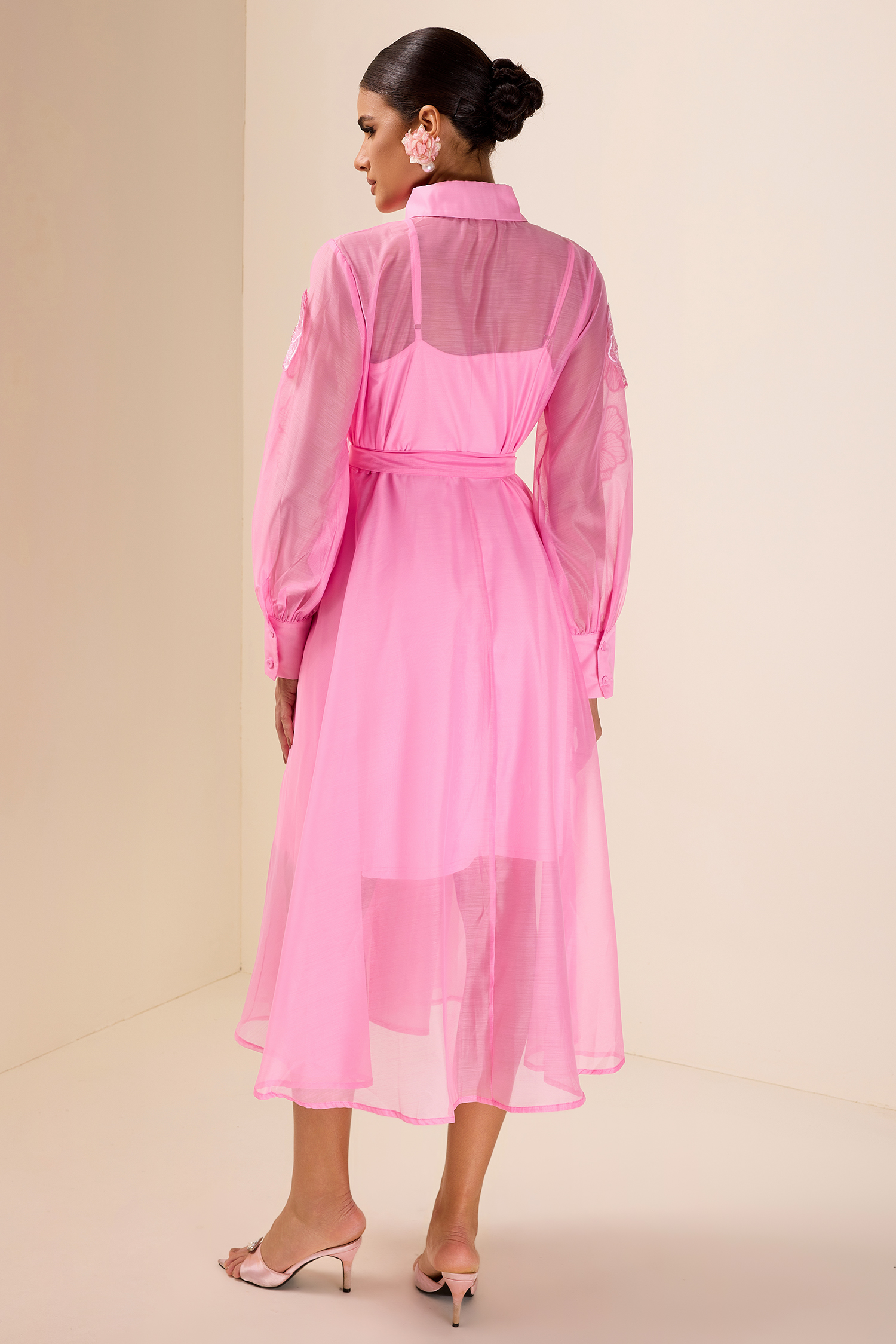 Appliquéd Chiffon Single Breasted Midi Dress