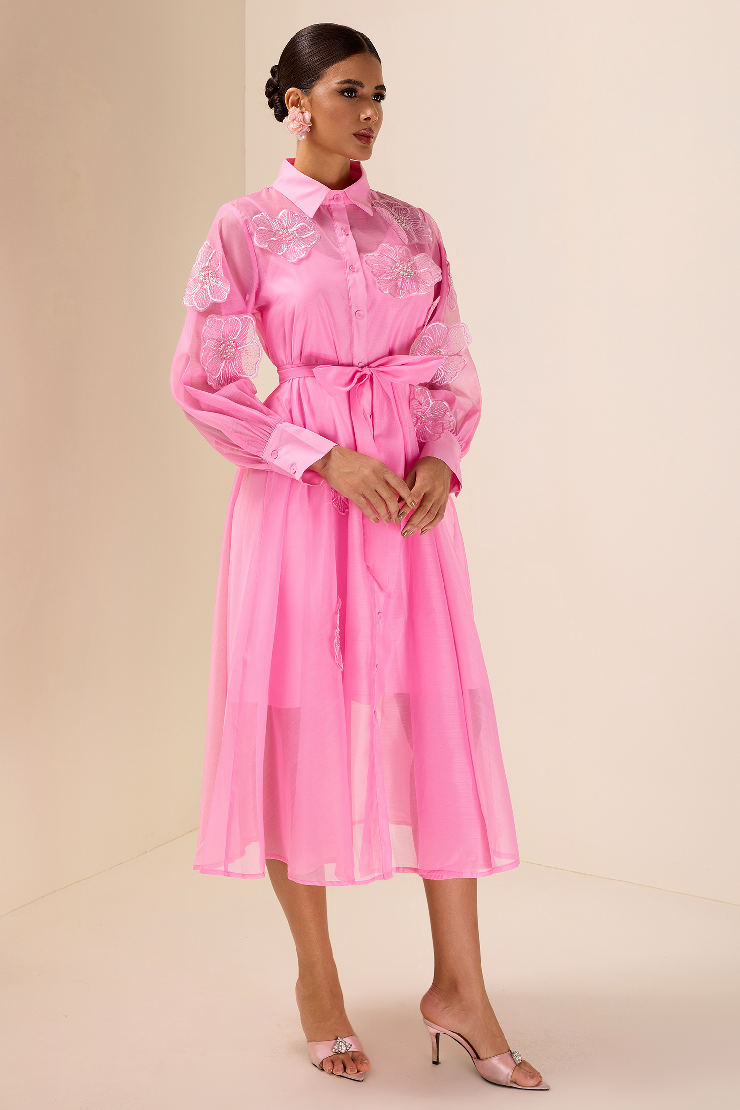 Appliquéd Chiffon Single Breasted Midi Dress