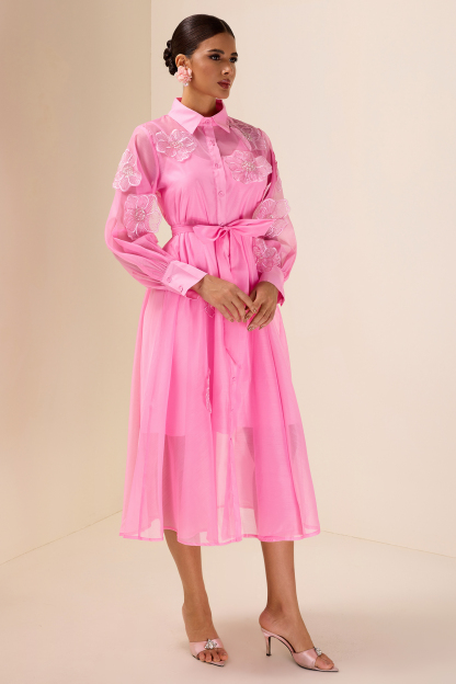 Appliquéd Chiffon Single Breasted Midi Dress