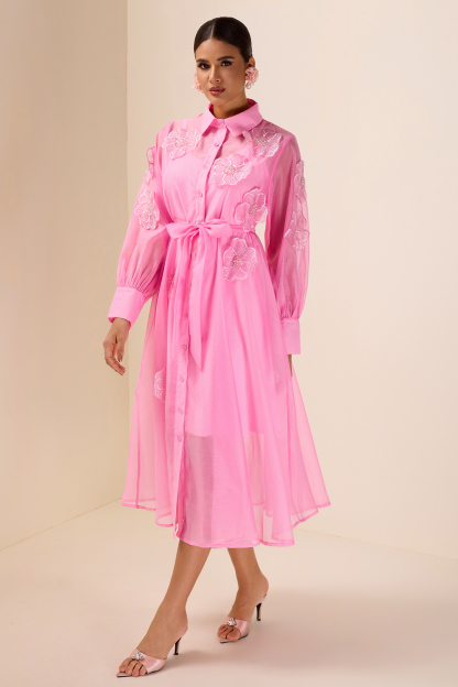 Appliquéd Chiffon Single Breasted Midi Dress