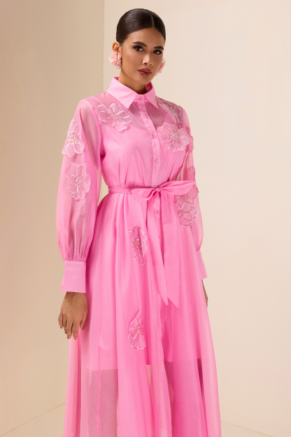 Appliquéd Chiffon Single Breasted Midi Dress