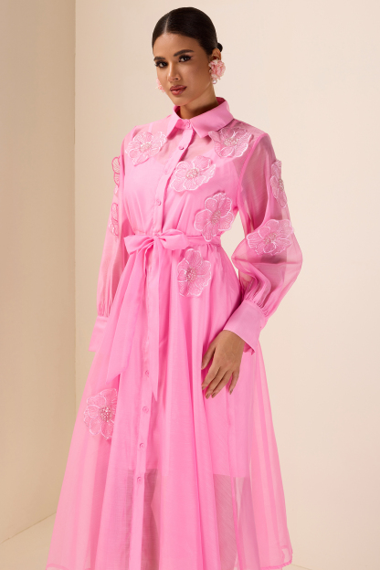 Appliquéd Chiffon Single Breasted Midi Dress