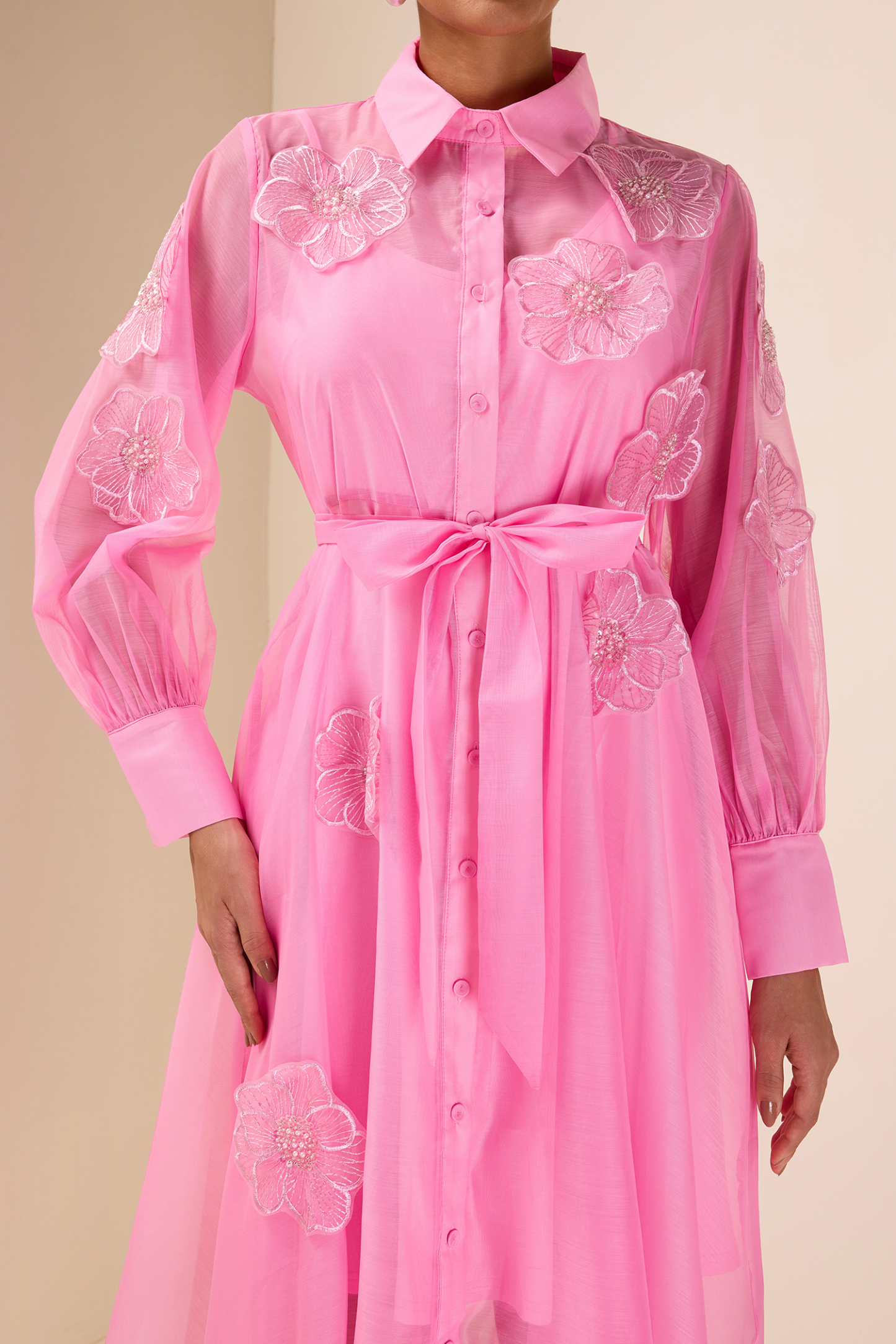 Appliquéd Chiffon Single Breasted Midi Dress