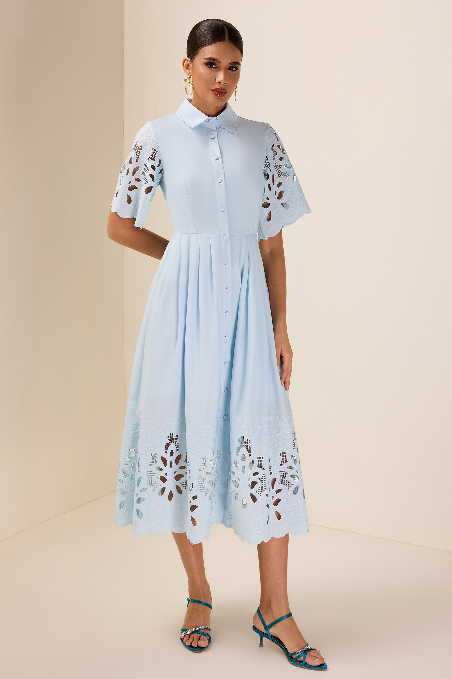Embroidered Flapped Single Breasted Midi Dress